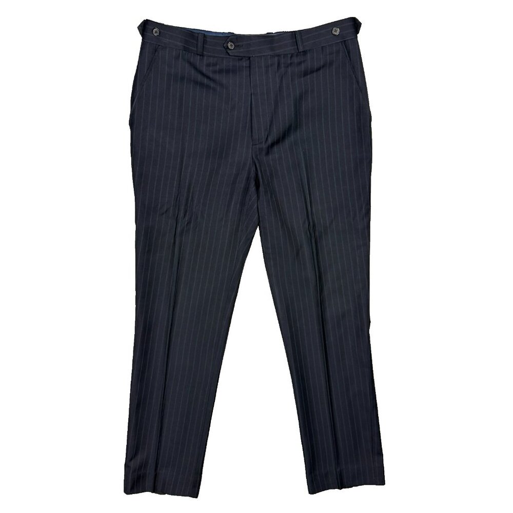Bespoke Navy Blue Dress Pants Striped 120s Wool Cashmere Trousers Italy 34x30